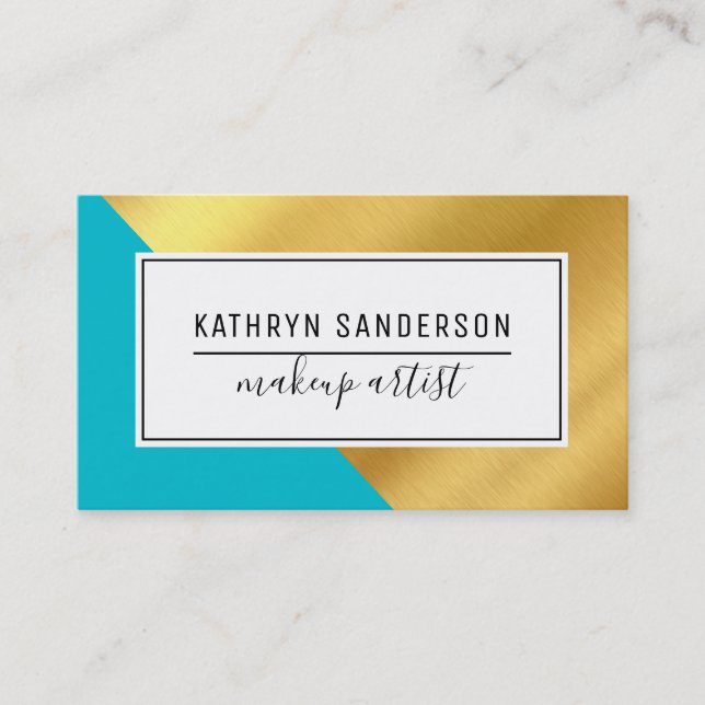 MODERN MINIMAL ANGLE gold corner turquoise blue Business Card (Front)