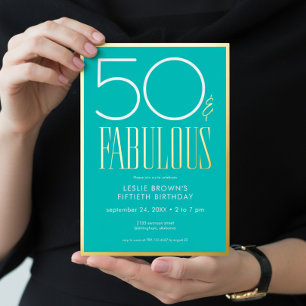 Modern Minimal Aqua Fifty & Fabulous Birthday Foil Invitation