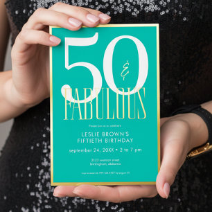 Modern Minimal Aqua Fifty & Fabulous Birthday Foil Invitation