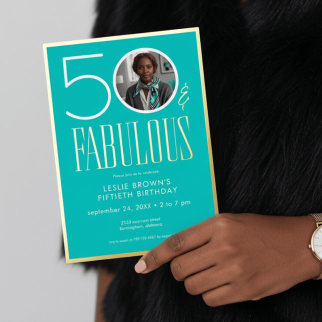 Modern Minimal Aqua Fifty Fabulous Photo Birthday Foil Invitation (Creator Uploaded)