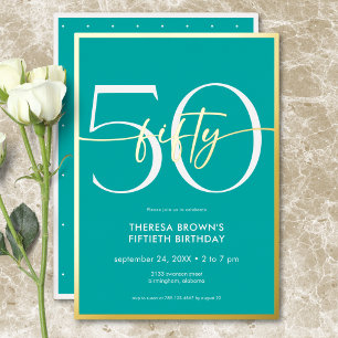 Modern Minimal Aqua Fifty Script Birthday Foil Invitation