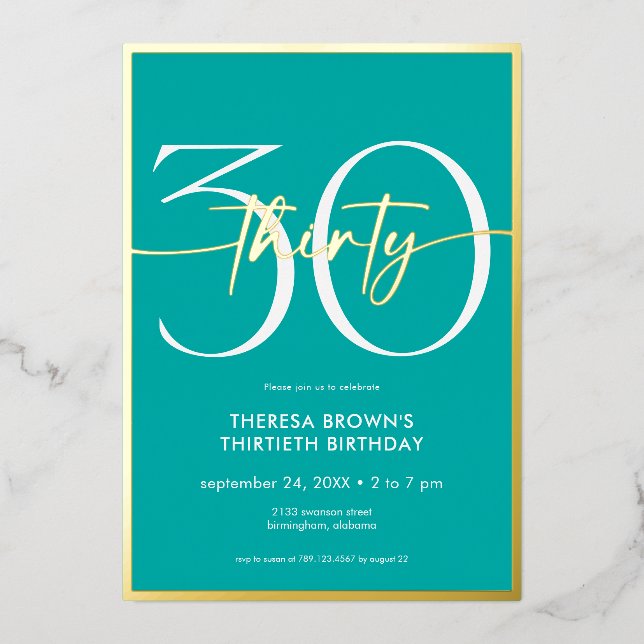 Modern Minimal Aqua Thirty Script Birthday Foil Invitation (Front)