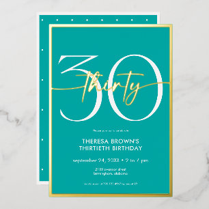 Modern Minimal Aqua Thirty Script Birthday Foil Invitation