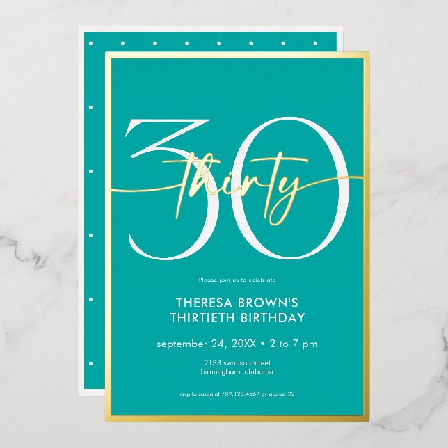 Modern Minimal Aqua Thirty Script Birthday Foil Invitation (Front/Back)