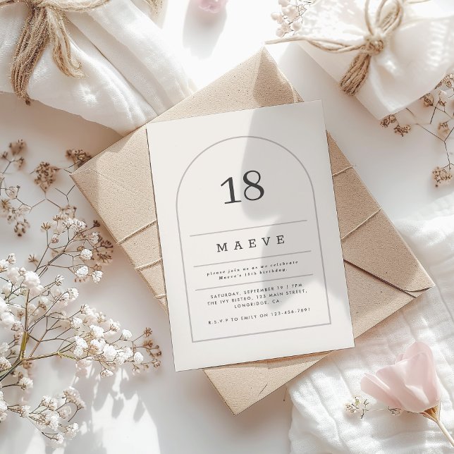 Modern minimal arch 18th photo birthday party invitation (Creator Uploaded)
