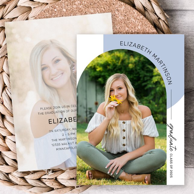 Modern Minimal Arch 2 Photo Blue Graduation Invitation (Creator Uploaded)