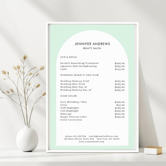 Modern Minimal Arch Green Salon Price List Poster (Modern Minimal Arch Green Salon Price List. Prints & Instant Download Available.)