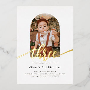 Modern Minimal Arch Photo 3rd Birthday Foil Invitation