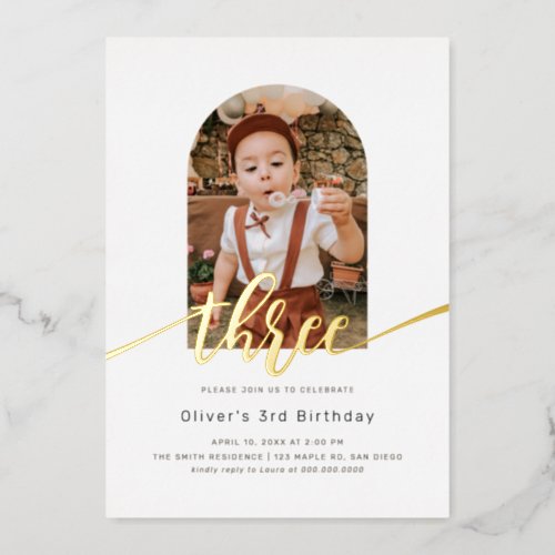 Modern Minimal Arch Photo 3rd Birthday Foil Invitation