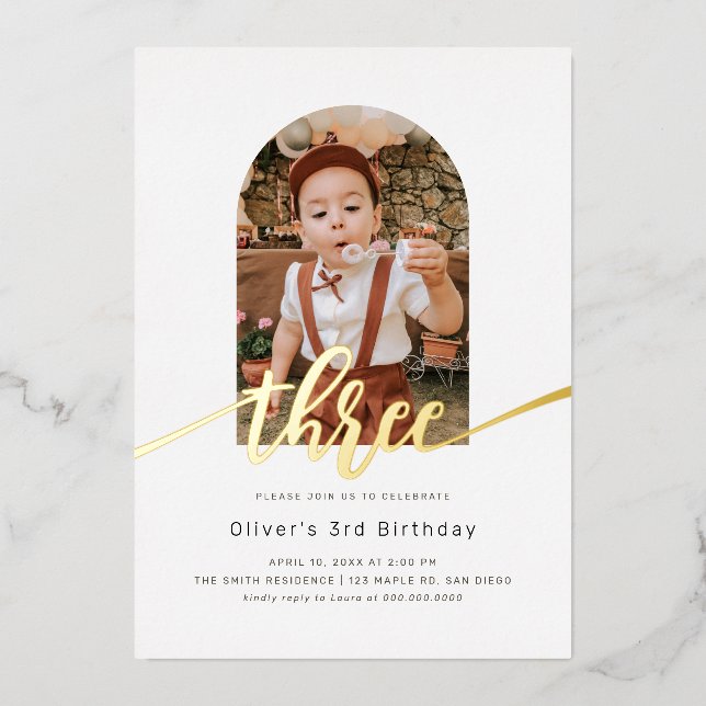 Modern Minimal Arch Photo 3rd Birthday Foil Invitation (Front)