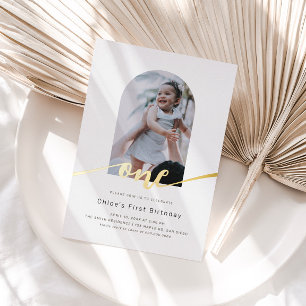 Modern Minimal Arch Photo First Birthday Foil Invitation