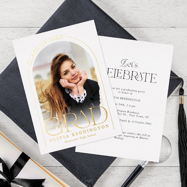 Modern Minimal Arch Photo Graduation Party Foil Invitation (Creator Uploaded)