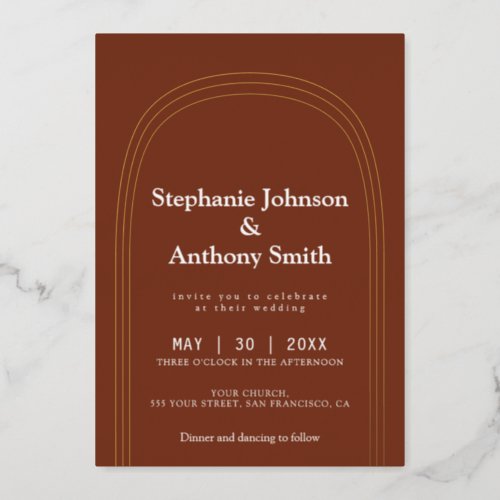 Modern Minimal Arch Terracotta and Gold Foil Invitation