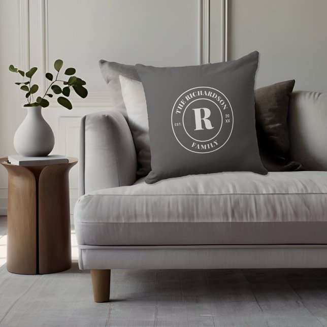 Modern Minimal Ash Grey  Family Monogram Stamp  Throw Pillow (Creator Uploaded)