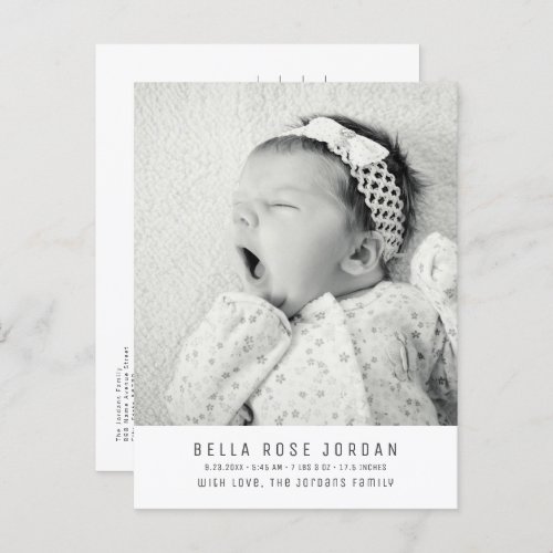 Modern Minimal Baby Girl Birth Announcement Photo Postcard