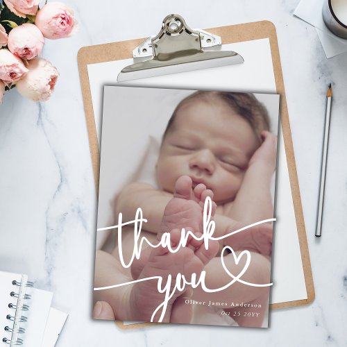 Modern Minimal Baby Photo Thank You Script Heart   Announcement Postcard