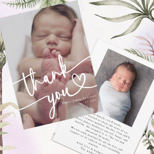 Modern Minimal Baby Photo Thank You Script Heart   Card