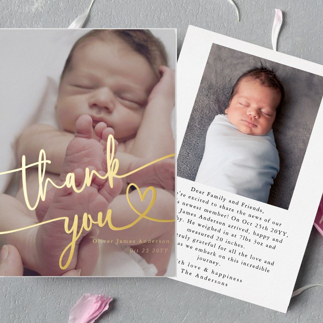 Modern Minimal Baby Photo Thank You Script Heart   Foil Holiday Card (Creator Uploaded)