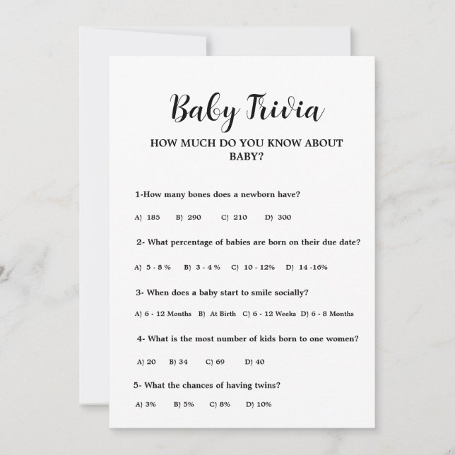 Modern Minimal Baby trivia Baby shower game Card (Front)