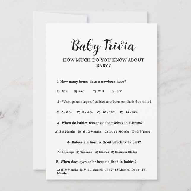 Modern Minimal Baby trivia Baby shower game Card (Front)