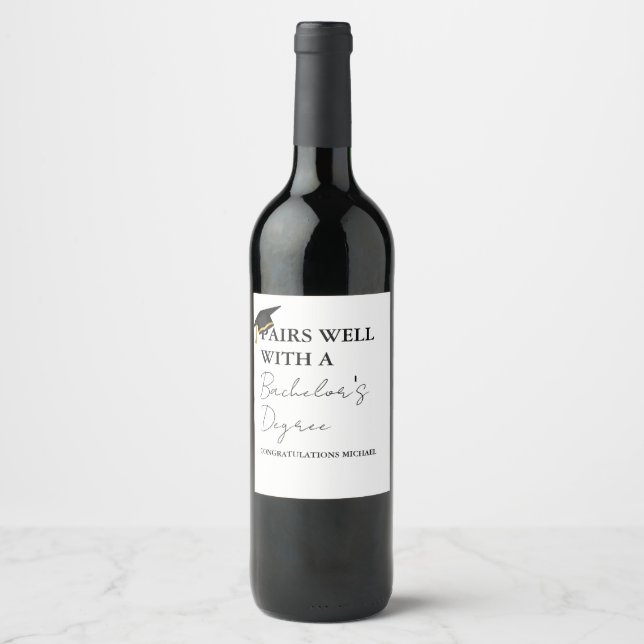 Modern Minimal Bachelor's Degree Graduation Gift Wine Label (Front)