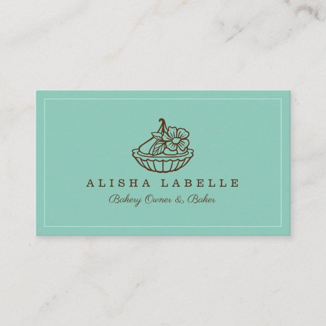 Modern & Minimal Bakery Floral Tart Logo Teal Business Card (Front)