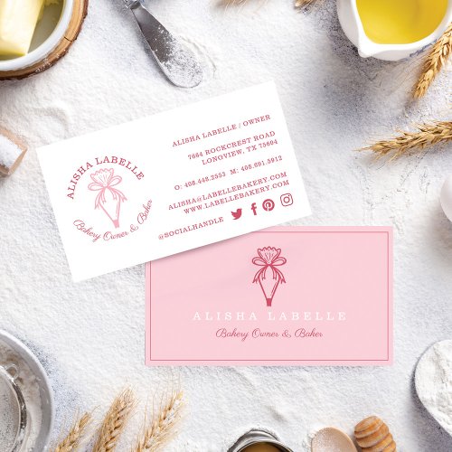 Modern  Minimal Bakery Style Piping Bag Logo Pink Business Card