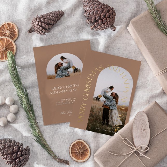 Modern Minimal Beige Arch 2 Photo Merry Christmas  Foil Holiday Card (Creator Uploaded)
