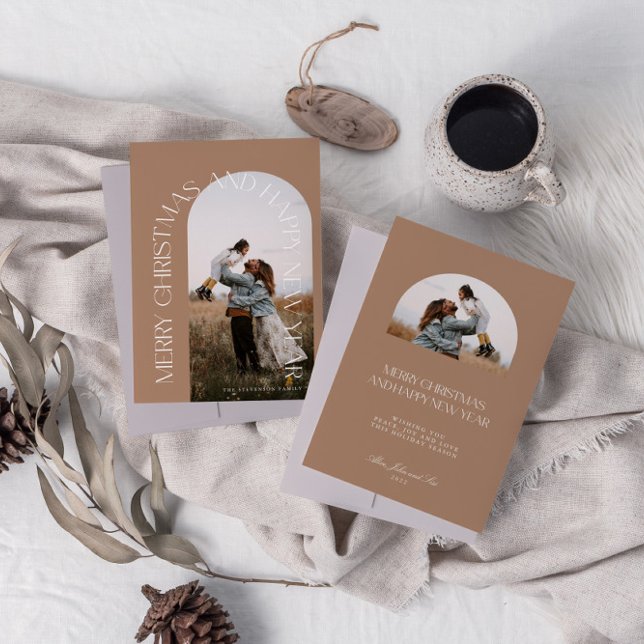 Modern Minimal Beige Arch 2 Photo Merry Christmas  Holiday Card (Creator Uploaded)