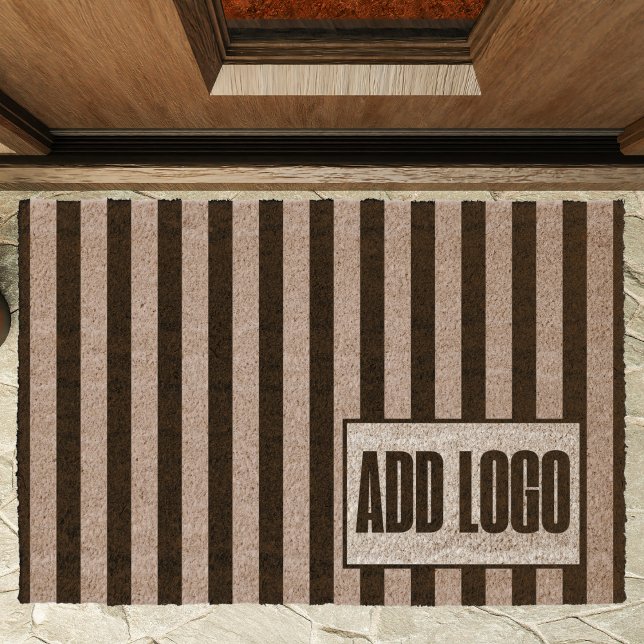 Modern Minimal Beige Black Stripes Business Logo Fiber Doormat (Creator Uploaded)