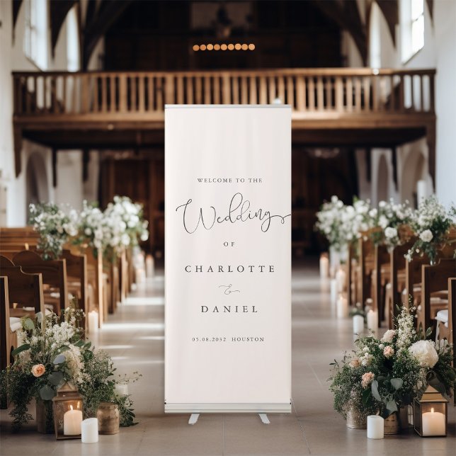 Modern, minimal, beige wedding Retractable Banner (Modern, minimal, beige, wedding, retractable banner. Elegant with handwriting typography.)