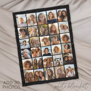 Modern Minimal Black 30 Photo Collage Fleece Blanket