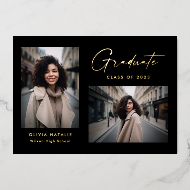  Modern Minimal Black and Gold 2 Photo Graduation Foil Invitation (Front)