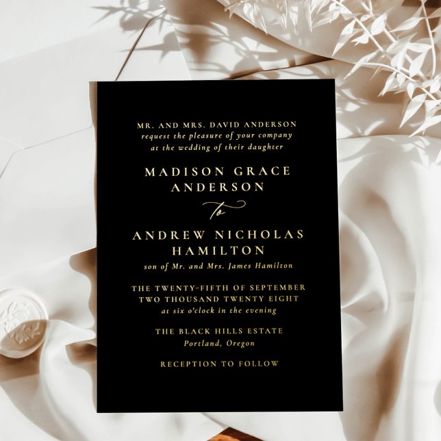 Modern Minimal Black and Gold Calligraphy Wedding Foil Invitation (Creator Uploaded)