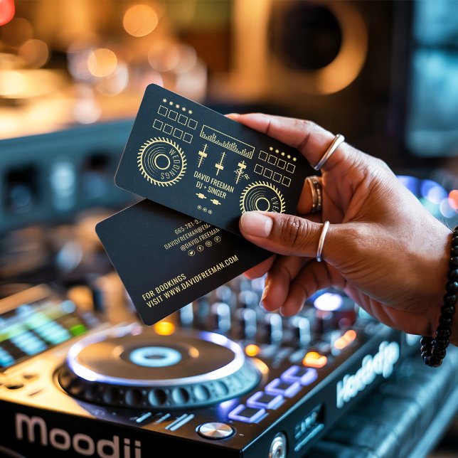 Modern minimal black and gold dj music turntable business card (Modern minimal black and gold dj music turntable)