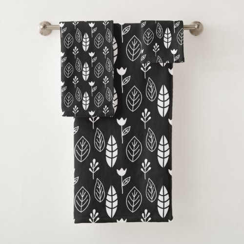 Modern Minimal Black and White Botanical Leaves Bath Towel Set