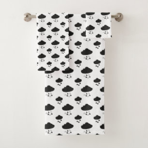 Modern Minimal Black and White Clouds Raindrops Bath Towel Set