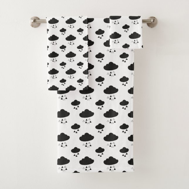 Modern Minimal Black and White Clouds Raindrops  Bath Towel Set (Insitu)
