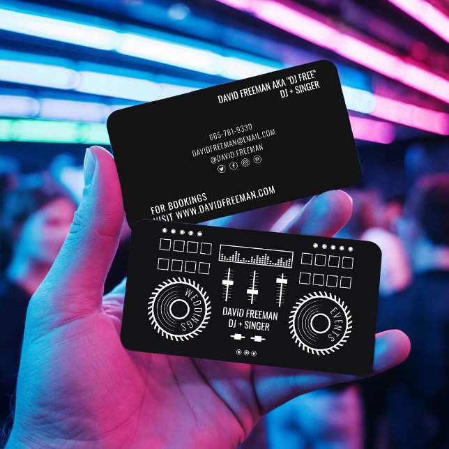 Modern minimal black and white dj music turntable business card (Modern minimal black and white dj music turntable)