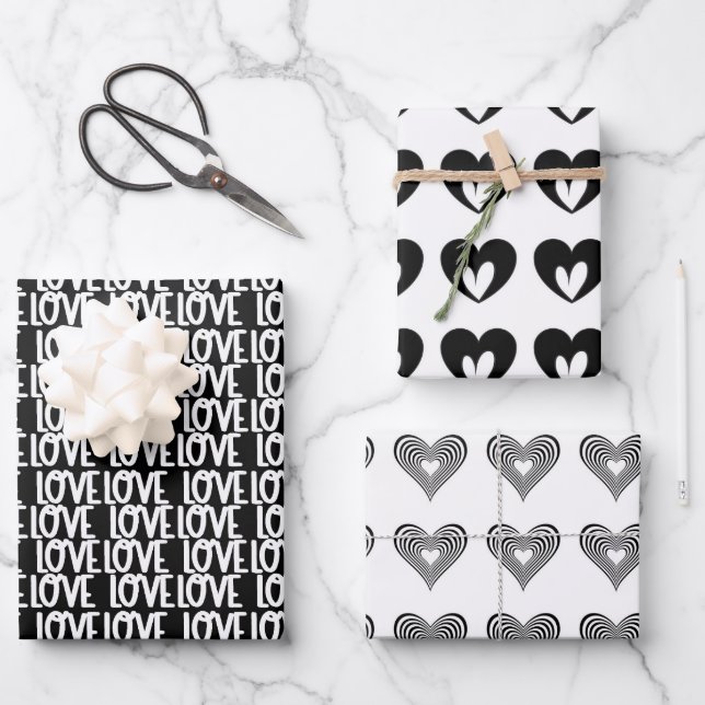 modern minimal black and white hearts wrapping paper sheets (Front)