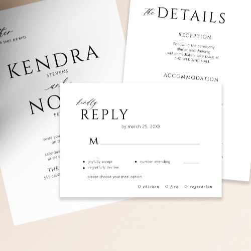 Modern minimal black and white meal choice wedding RSVP card