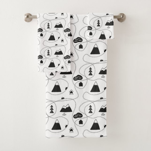 Modern Minimal Black and White Scribble Pattern Bath Towel Set (Insitu)