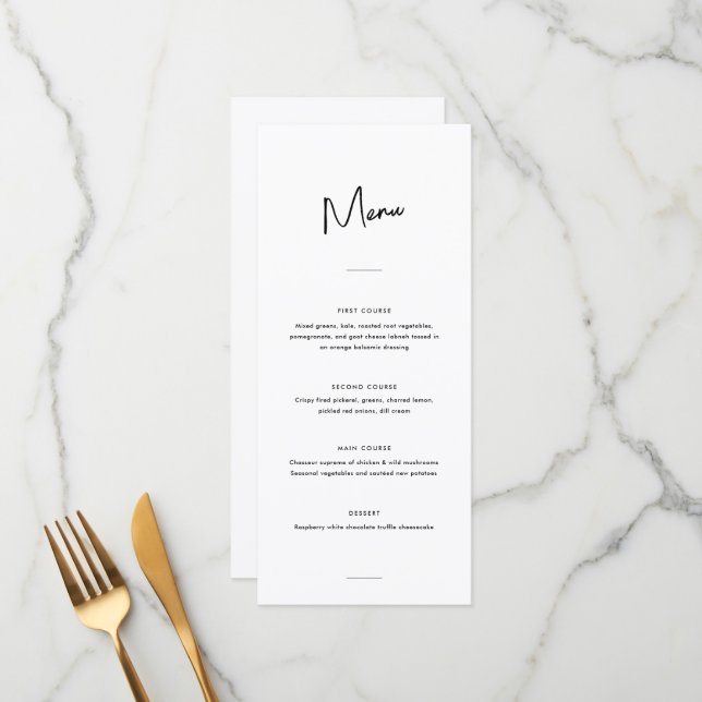 Modern Minimal Black and White Script Wedding Menu (Front/Back In Situ)