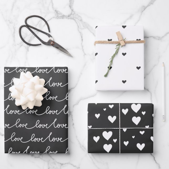Modern Minimal Black and White Valentine Wrapping Paper Sheets (Front)