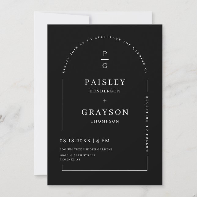 Modern Minimal Black Arch QR Code Wedding Photo Invitation (Front)