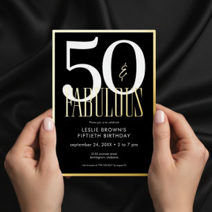 Modern Minimal Black Fifty & Fabulous Birthday Foil Invitation