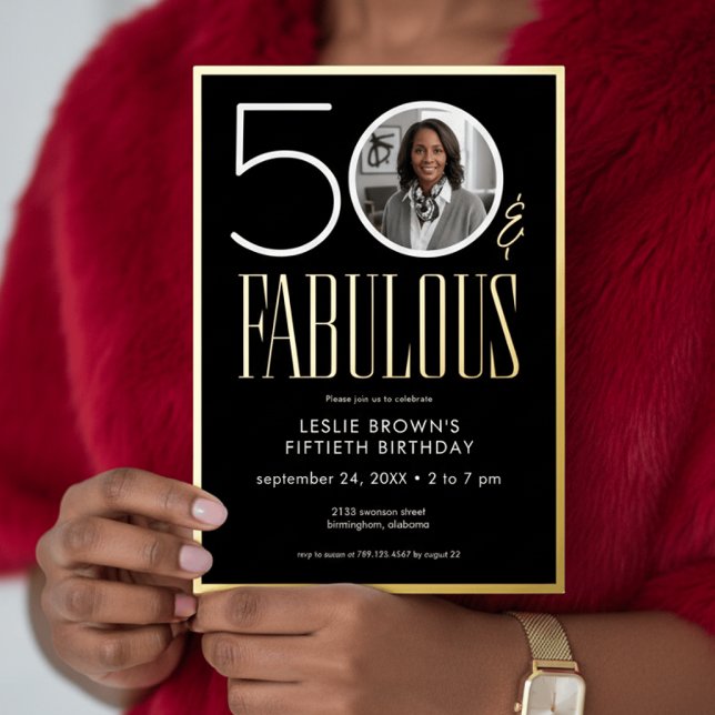 Modern Minimal Black Fifty Fabulous Photo Birthday Foil Invitation (Creator Uploaded)
