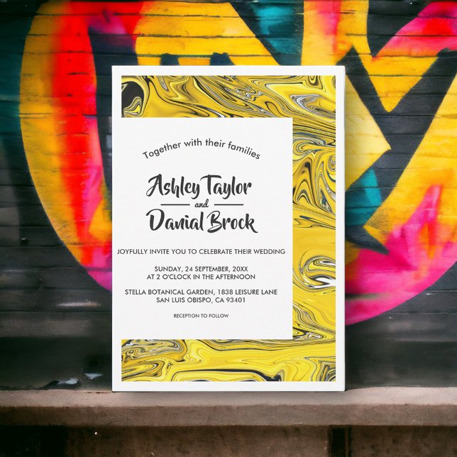 Modern Minimal Black Gold Abstract Paint Wedding Invitation (Creator Uploaded)