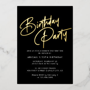 Modern Minimal Black & Gold Birthday Party Foil Invitation