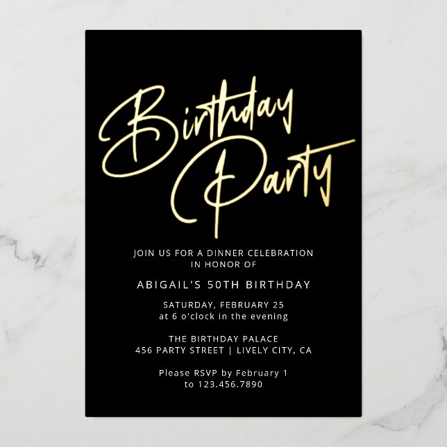 Modern Minimal Black & Gold Birthday Party Foil Invitation (Front)